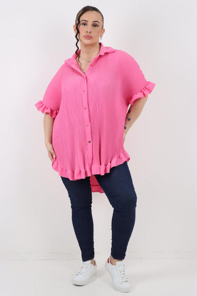 Pleated Dip Hem Button Down Shirt Top - Lashra Fashion