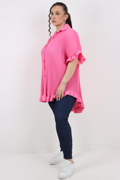 Pleated Dip Hem Button Down Shirt Top - Lashra Fashion