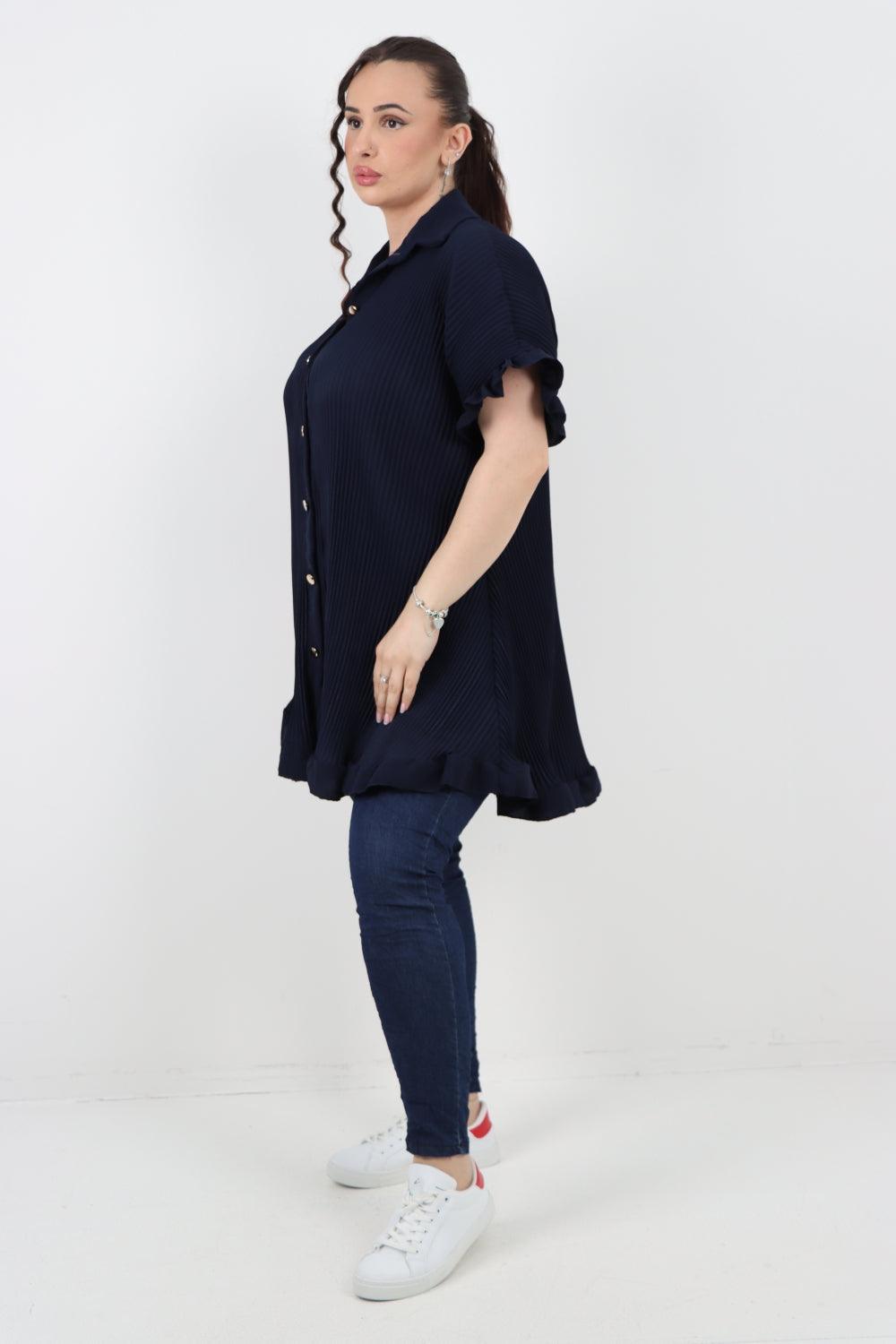 Pleated Dip Hem Button Down Shirt Top - Lashra Fashion