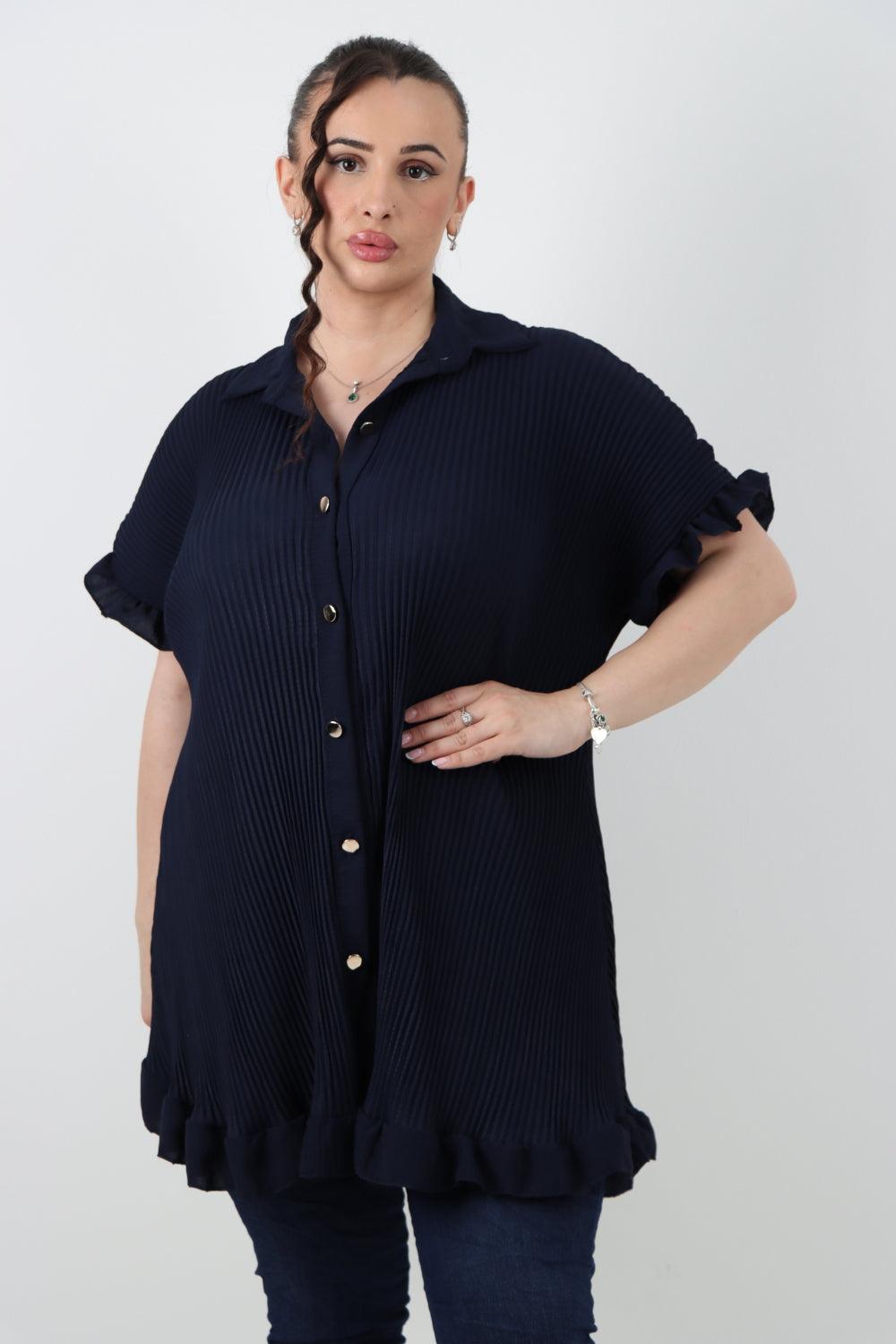 Pleated Dip Hem Button Down Shirt Top - Lashra Fashion