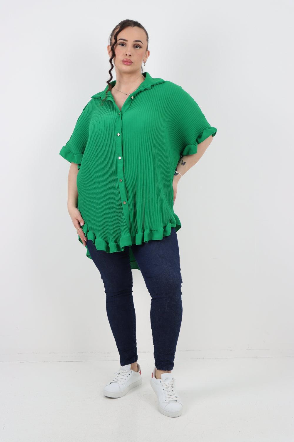 Pleated Dip Hem Button Down Shirt Top - Lashra Fashion