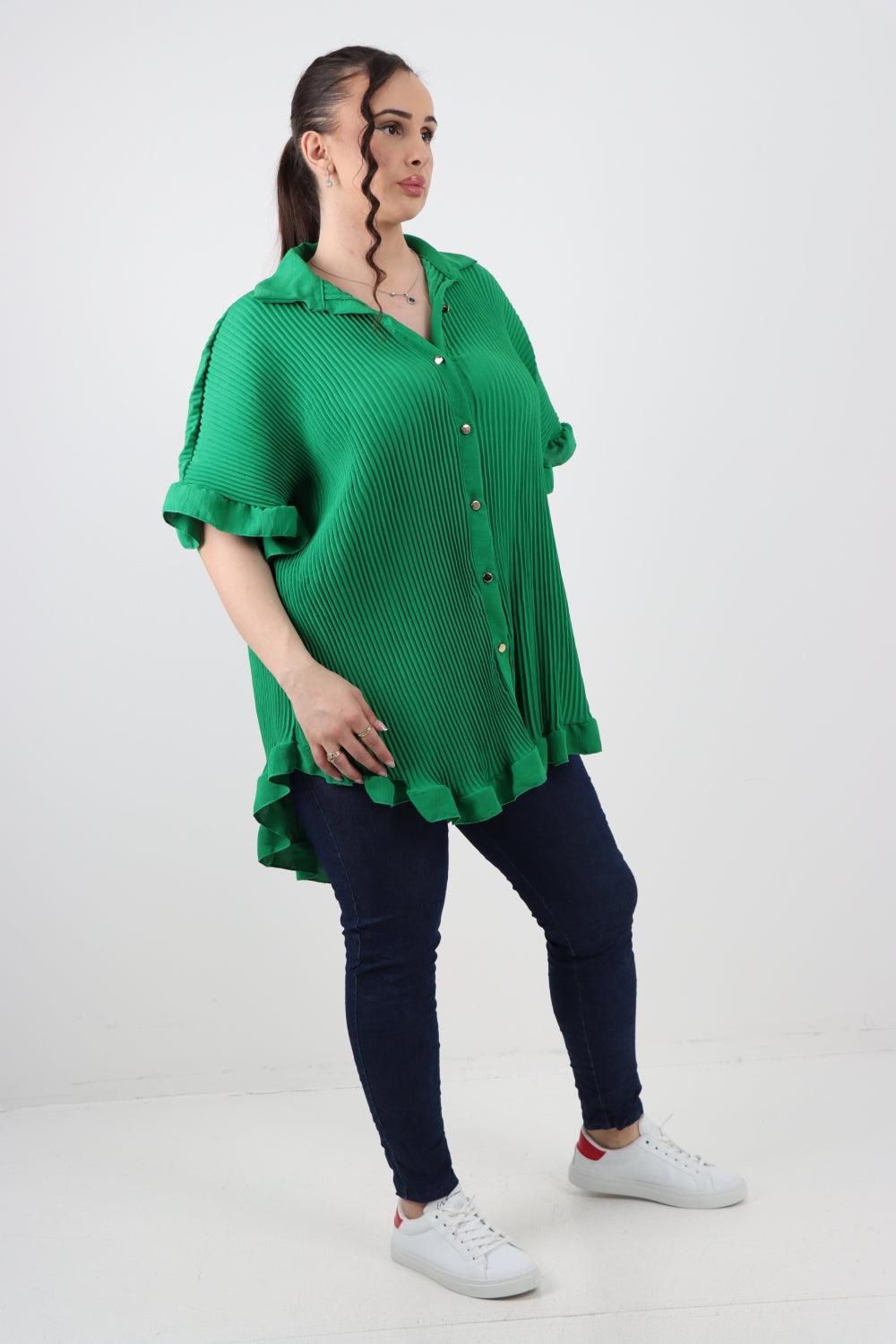 Pleated Dip Hem Button Down Shirt Top - Lashra Fashion