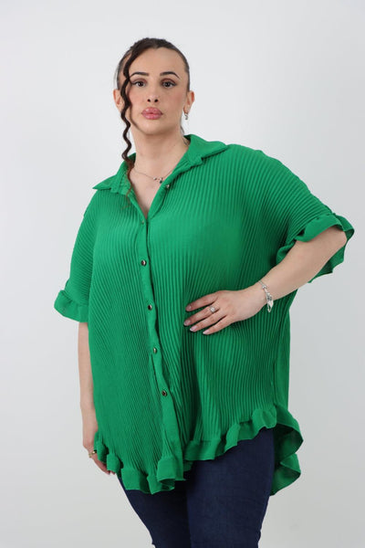 Pleated Dip Hem Button Down Shirt Top - Lashra Fashion