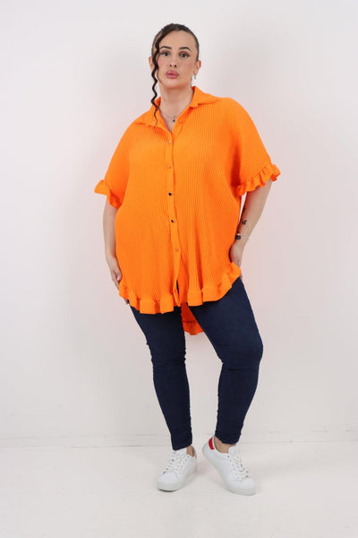 Pleated Dip Hem Button Down Shirt Top - Lashra Fashion