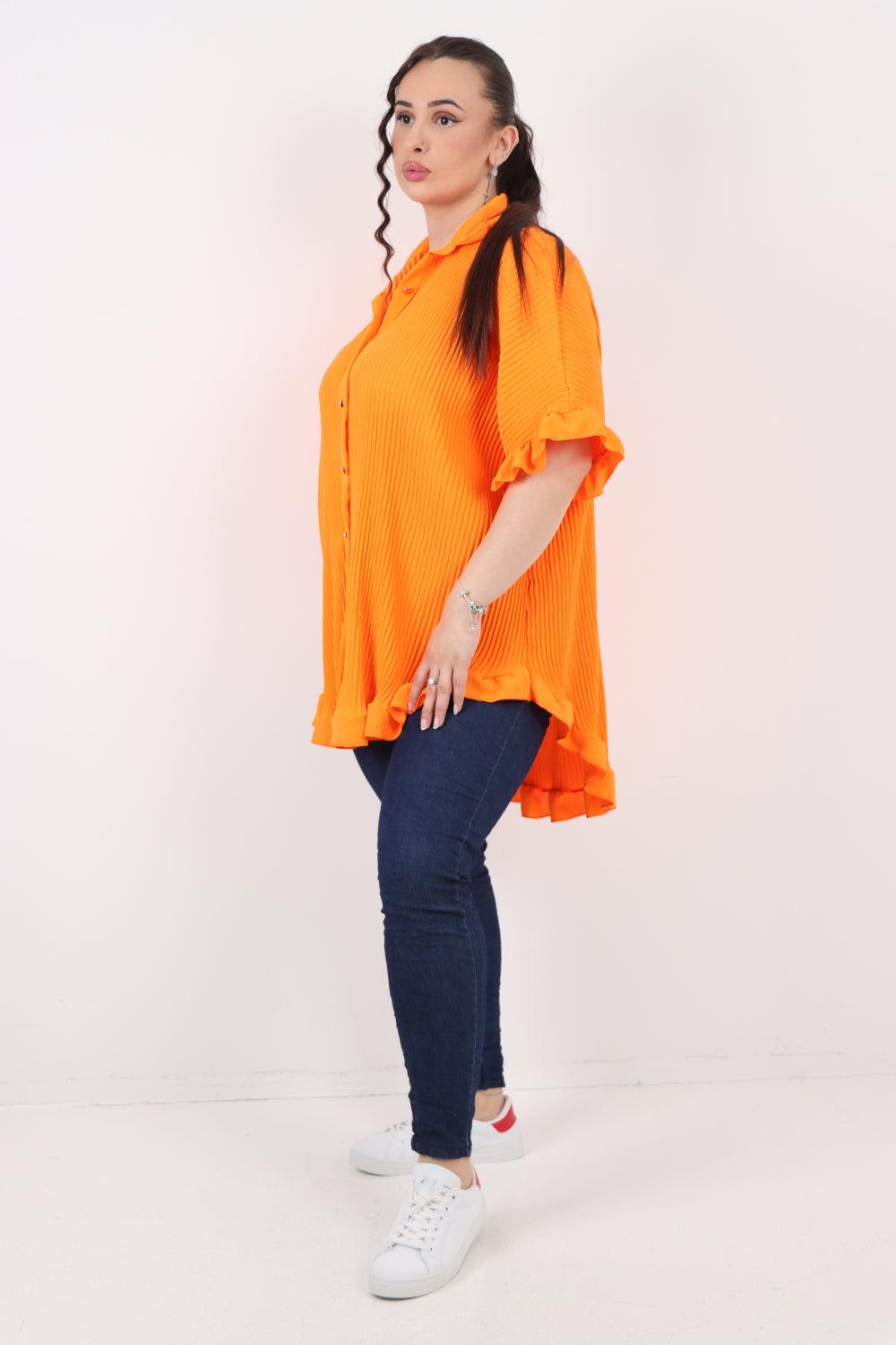 Pleated Dip Hem Button Down Shirt Top - Lashra Fashion