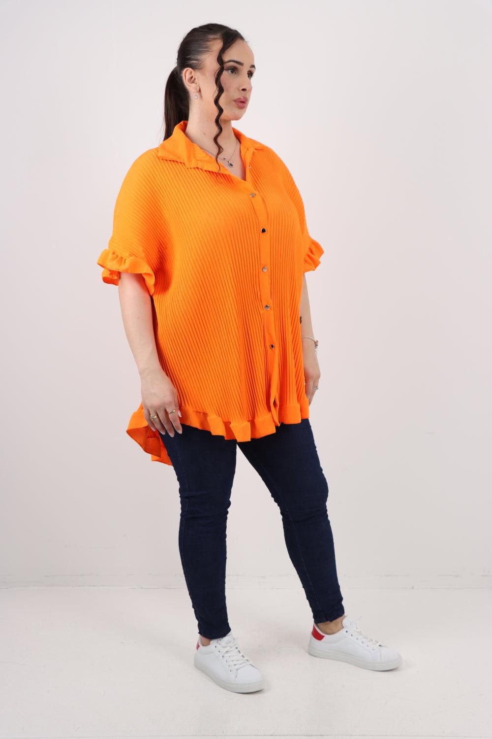 Pleated Dip Hem Button Down Shirt Top - Lashra Fashion