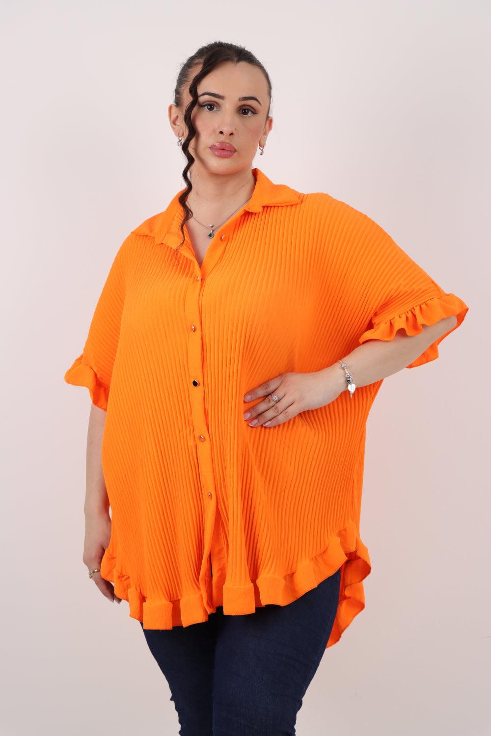 Pleated Dip Hem Button Down Shirt Top - Lashra Fashion