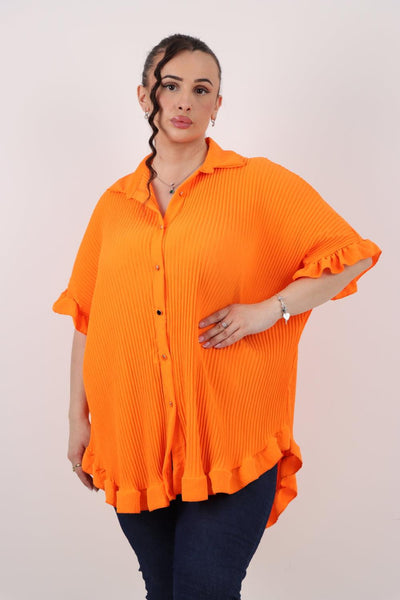 Pleated Dip Hem Button Down Shirt Top - Lashra Fashion