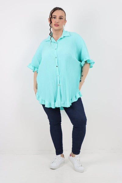 Pleated Dip Hem Button Down Shirt Top - Lashra Fashion