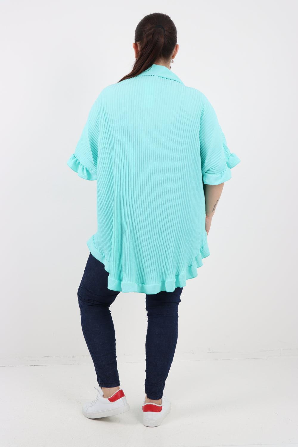 Pleated Dip Hem Button Down Shirt Top - Lashra Fashion