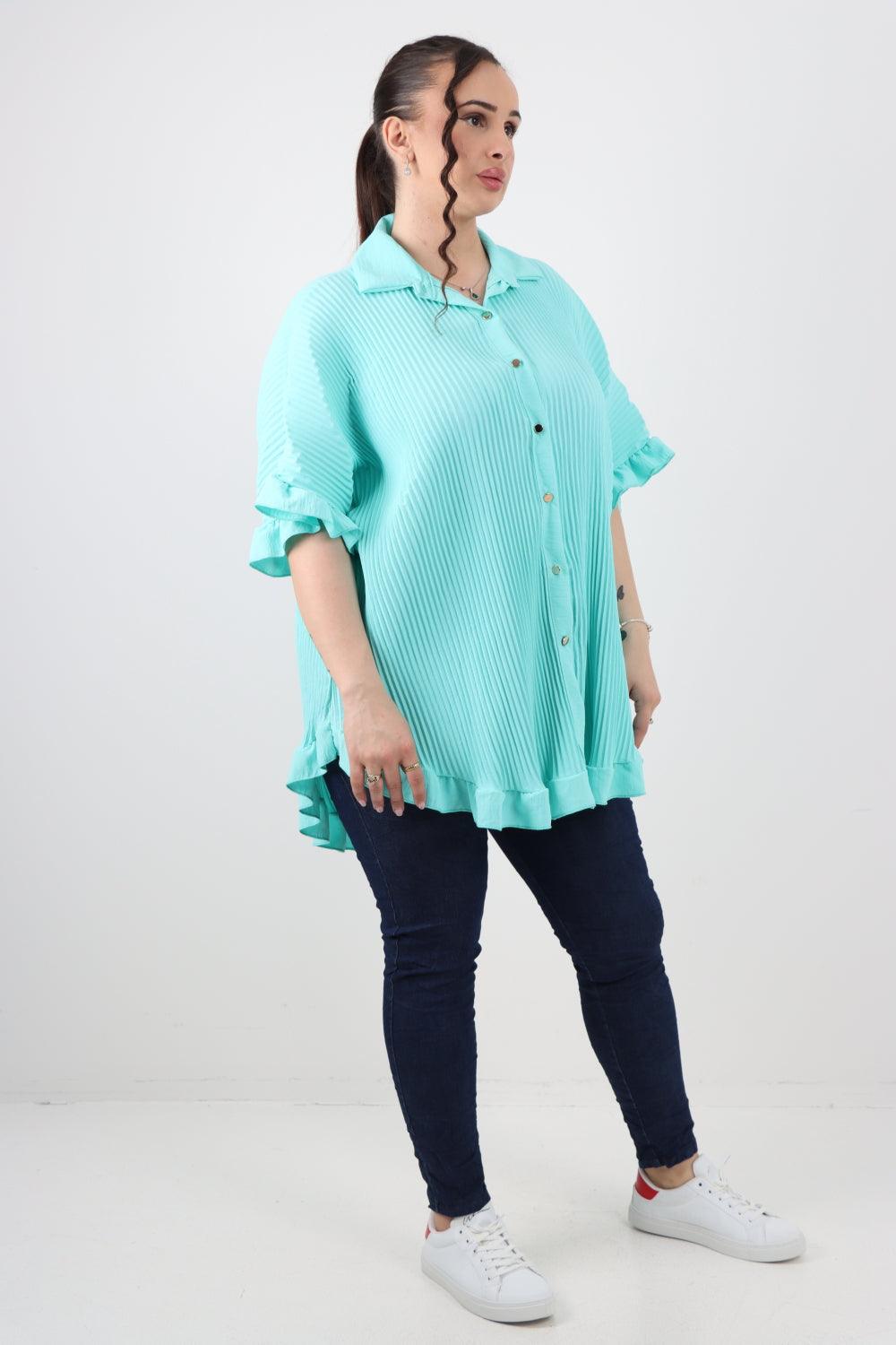 Pleated Dip Hem Button Down Shirt Top - Lashra Fashion