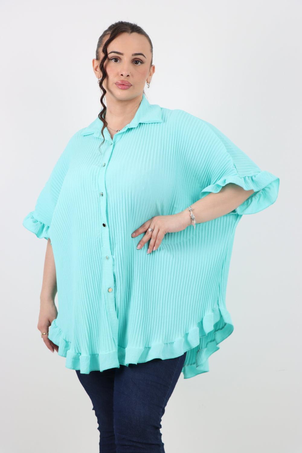 Pleated Dip Hem Button Down Shirt Top - Lashra Fashion