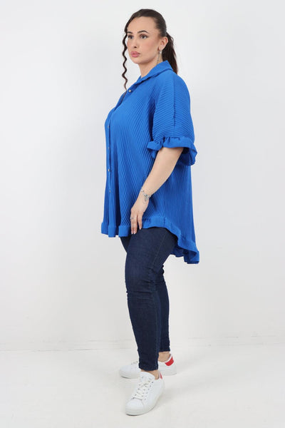 Pleated Dip Hem Button Down Shirt Top - Lashra Fashion