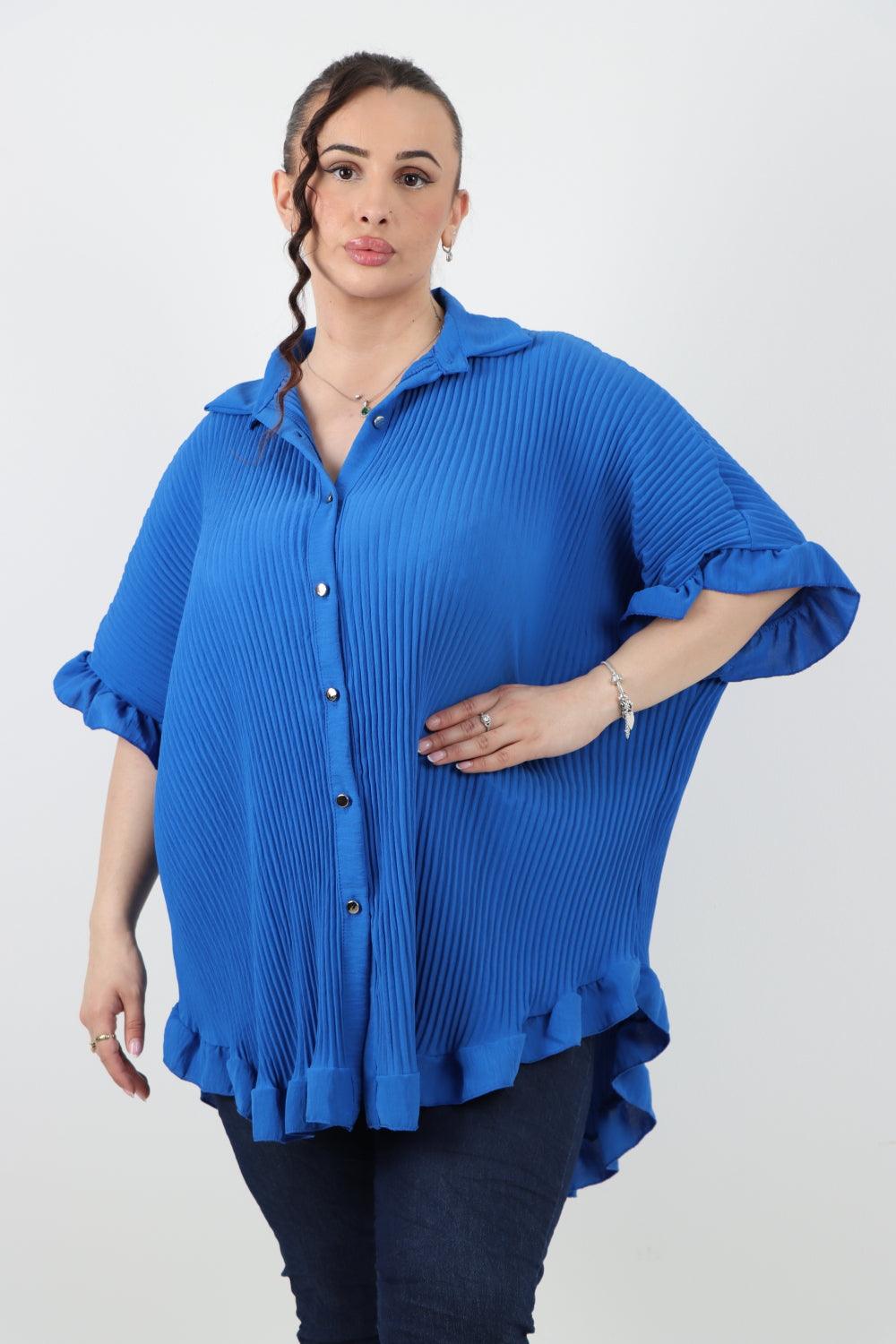 Pleated Dip Hem Button Down Shirt Top - Lashra Fashion