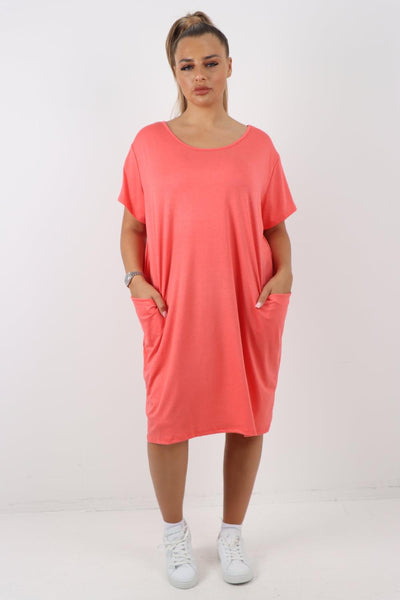 Plain Pockets Round Neck Midi Dress - Lashra Fashion