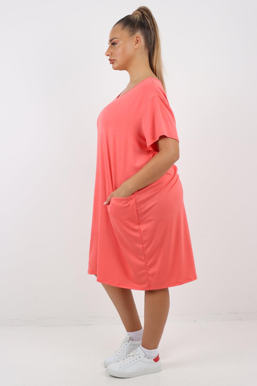 Plain Pockets Round Neck Midi Dress - Lashra Fashion