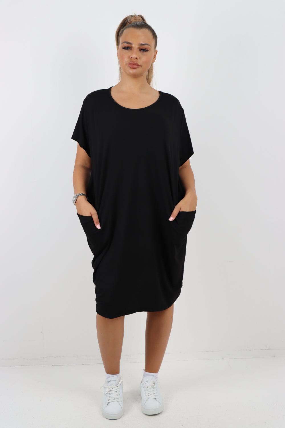 Plain Pockets Round Neck Midi Dress - Lashra Fashion