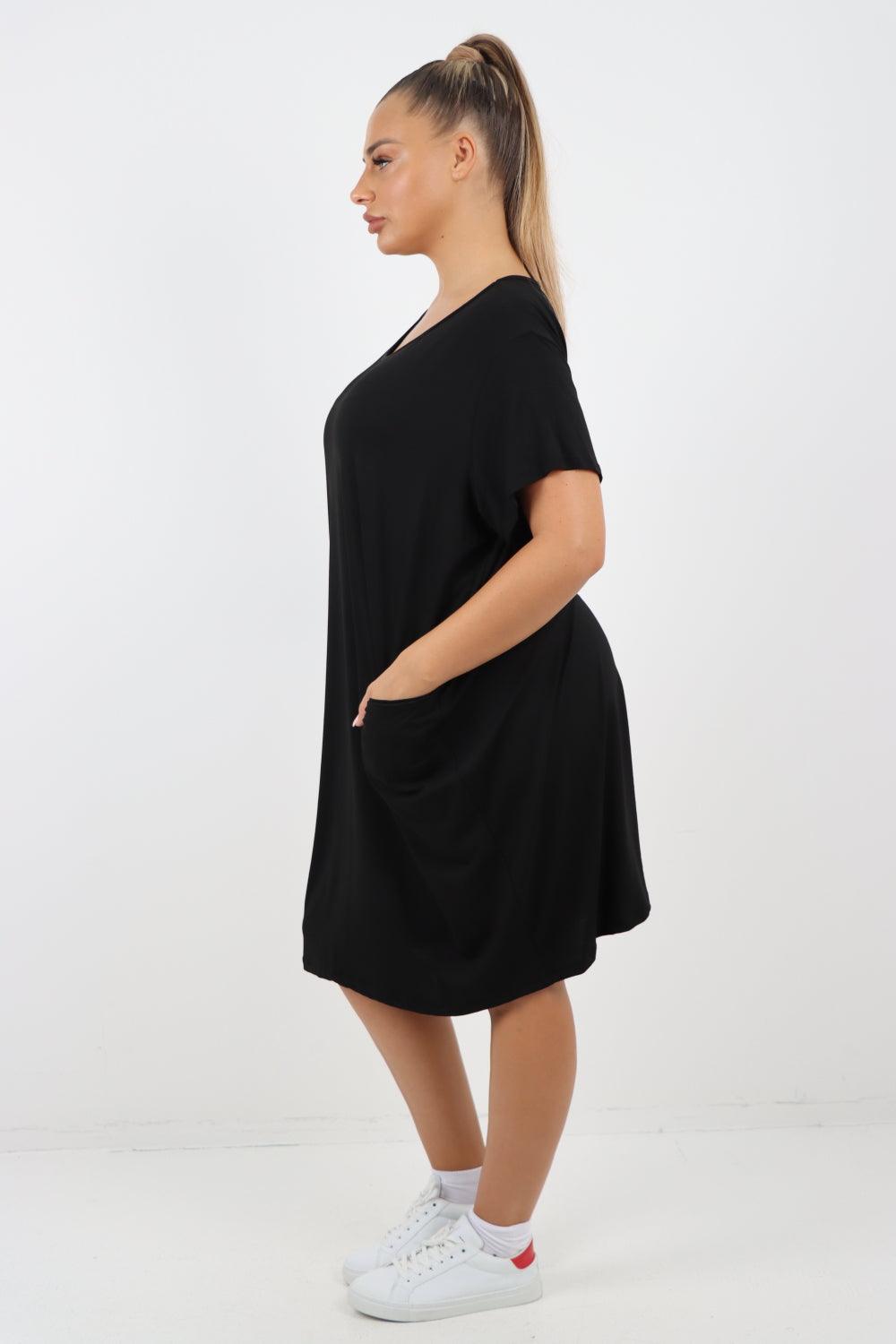 Plain Pockets Round Neck Midi Dress - Lashra Fashion