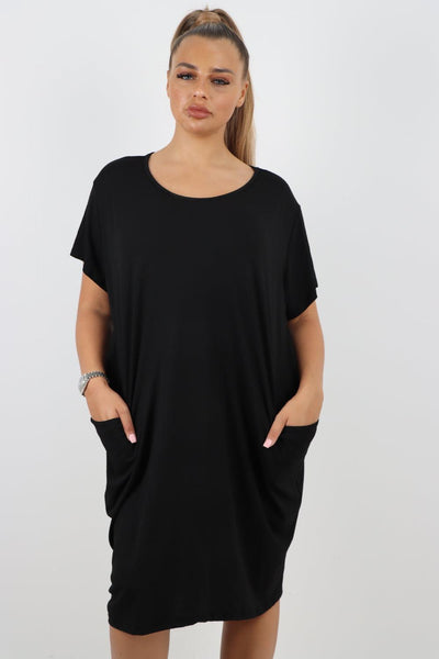 Plain Pockets Round Neck Midi Dress - Lashra Fashion