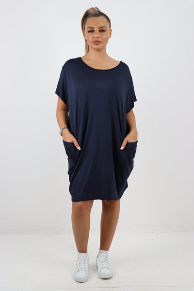 Plain Pockets Round Neck Midi Dress - Lashra Fashion