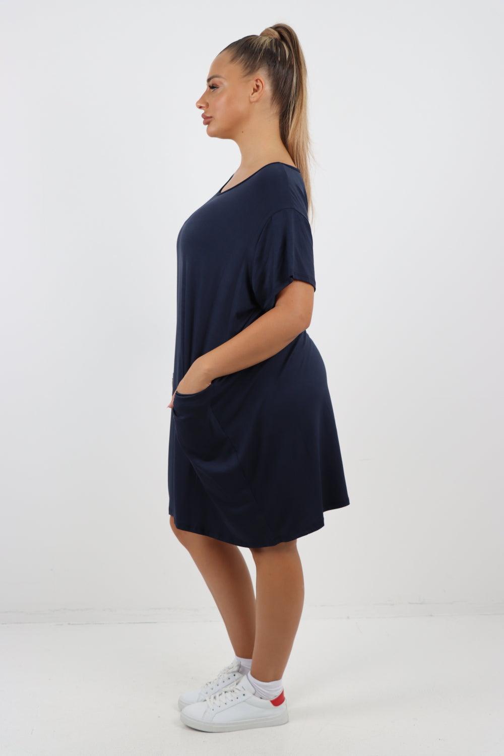 Plain Pockets Round Neck Midi Dress - Lashra Fashion