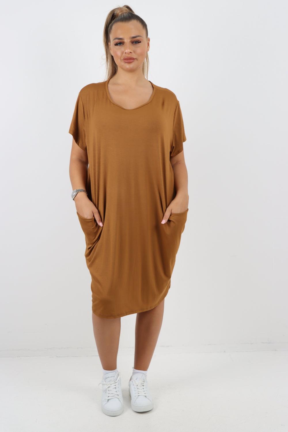 Plain Pockets Round Neck Midi Dress - Lashra Fashion