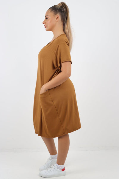 Plain Pockets Round Neck Midi Dress - Lashra Fashion