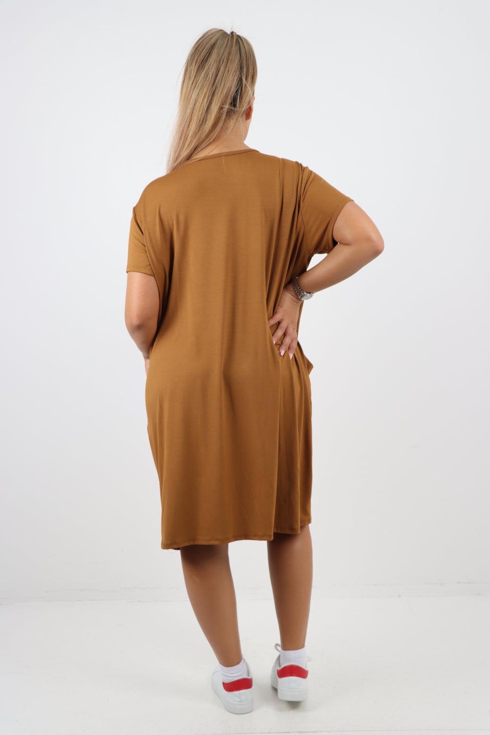 Plain Pockets Round Neck Midi Dress - Lashra Fashion