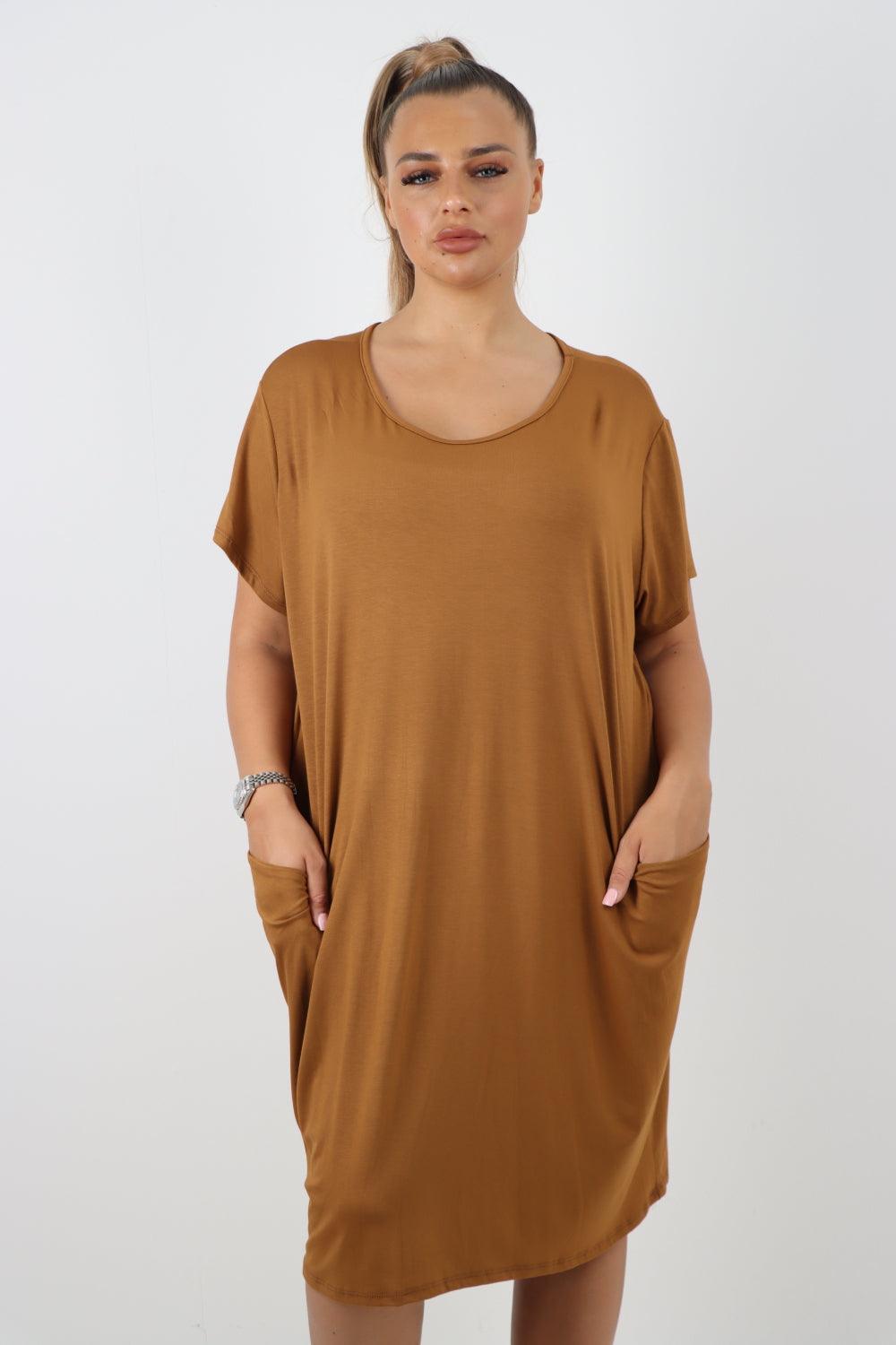 Plain Pockets Round Neck Midi Dress - Lashra Fashion