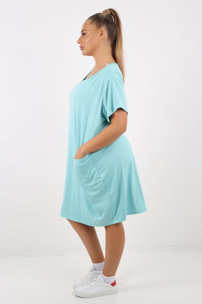 Plain Pockets Round Neck Midi Dress - Lashra Fashion