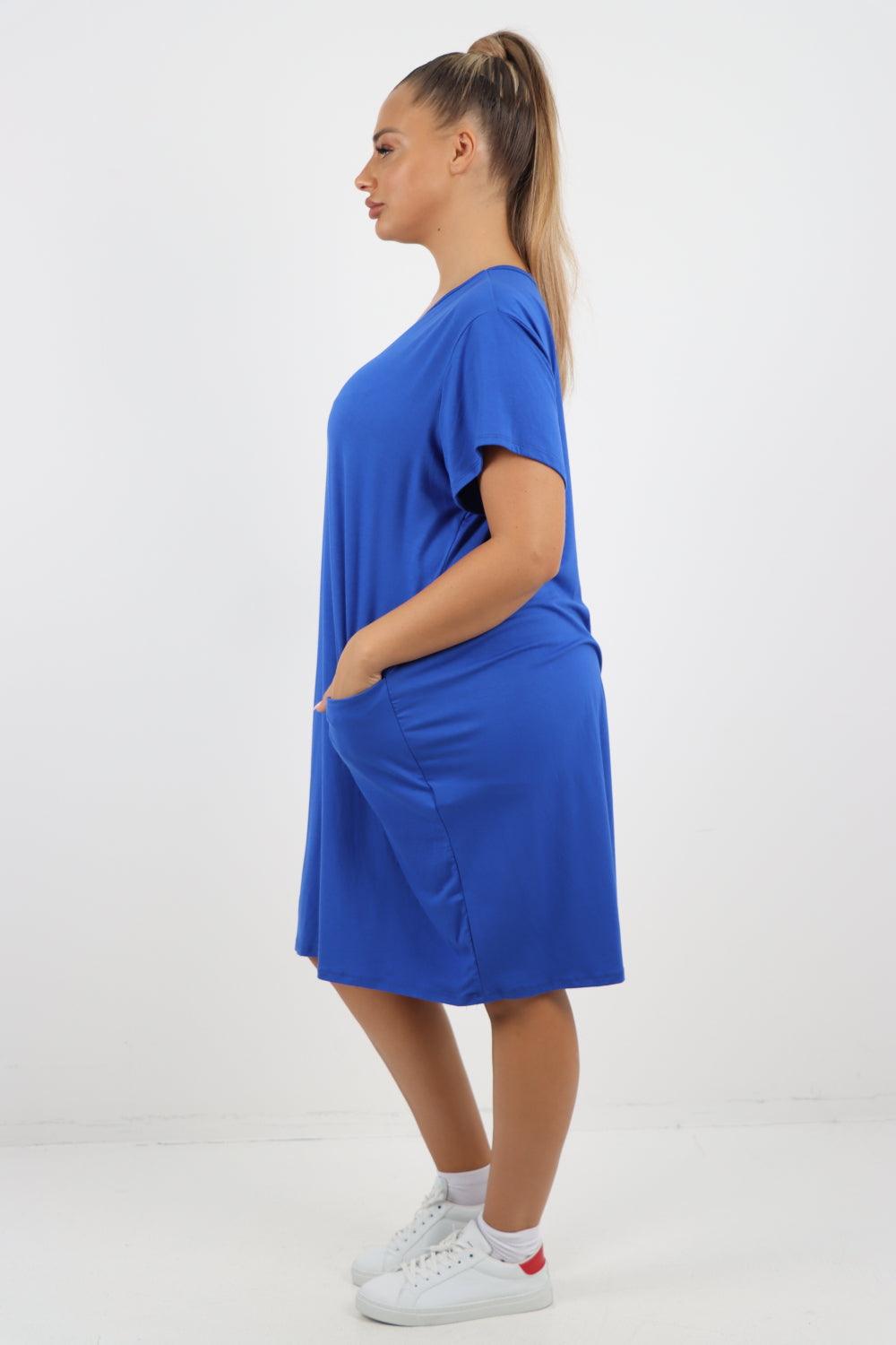 Plain Pockets Round Neck Midi Dress - Lashra Fashion