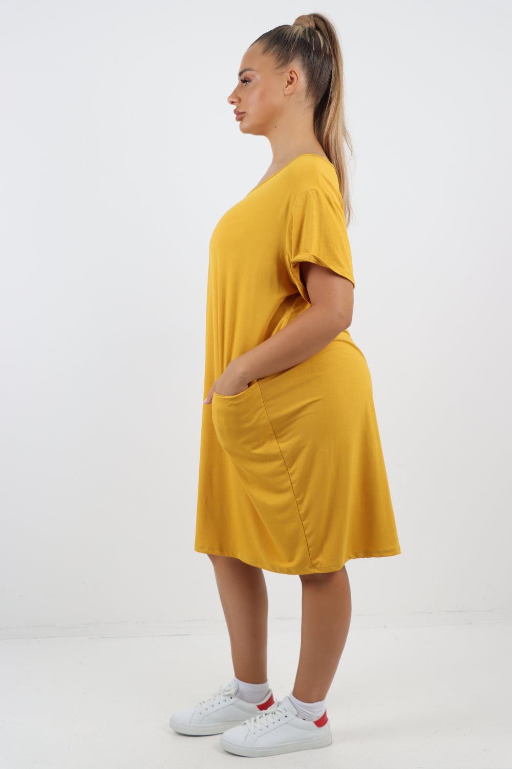 Plain Pockets Round Neck Midi Dress - Lashra Fashion