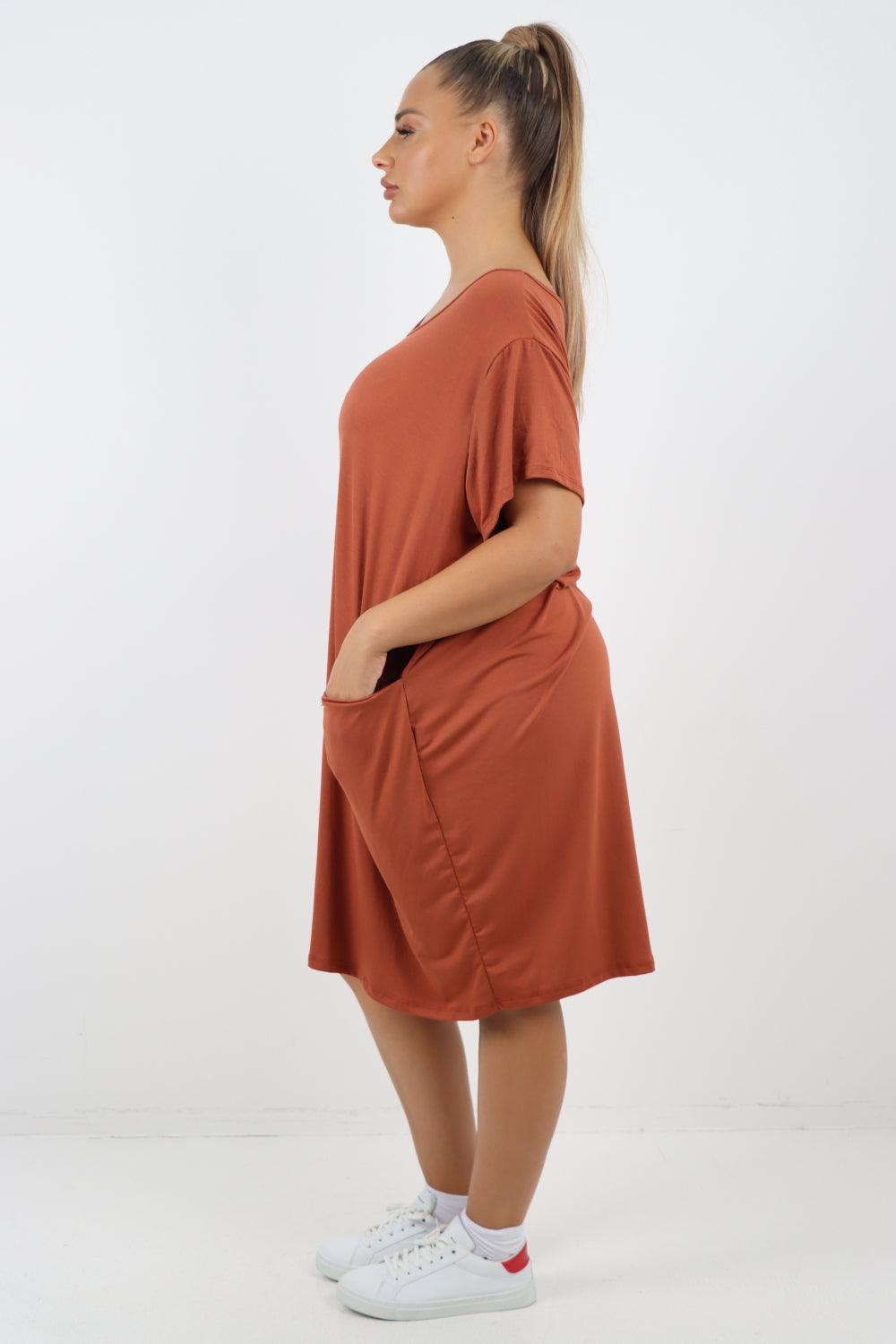 Plain Pockets Round Neck Midi Dress - Lashra Fashion