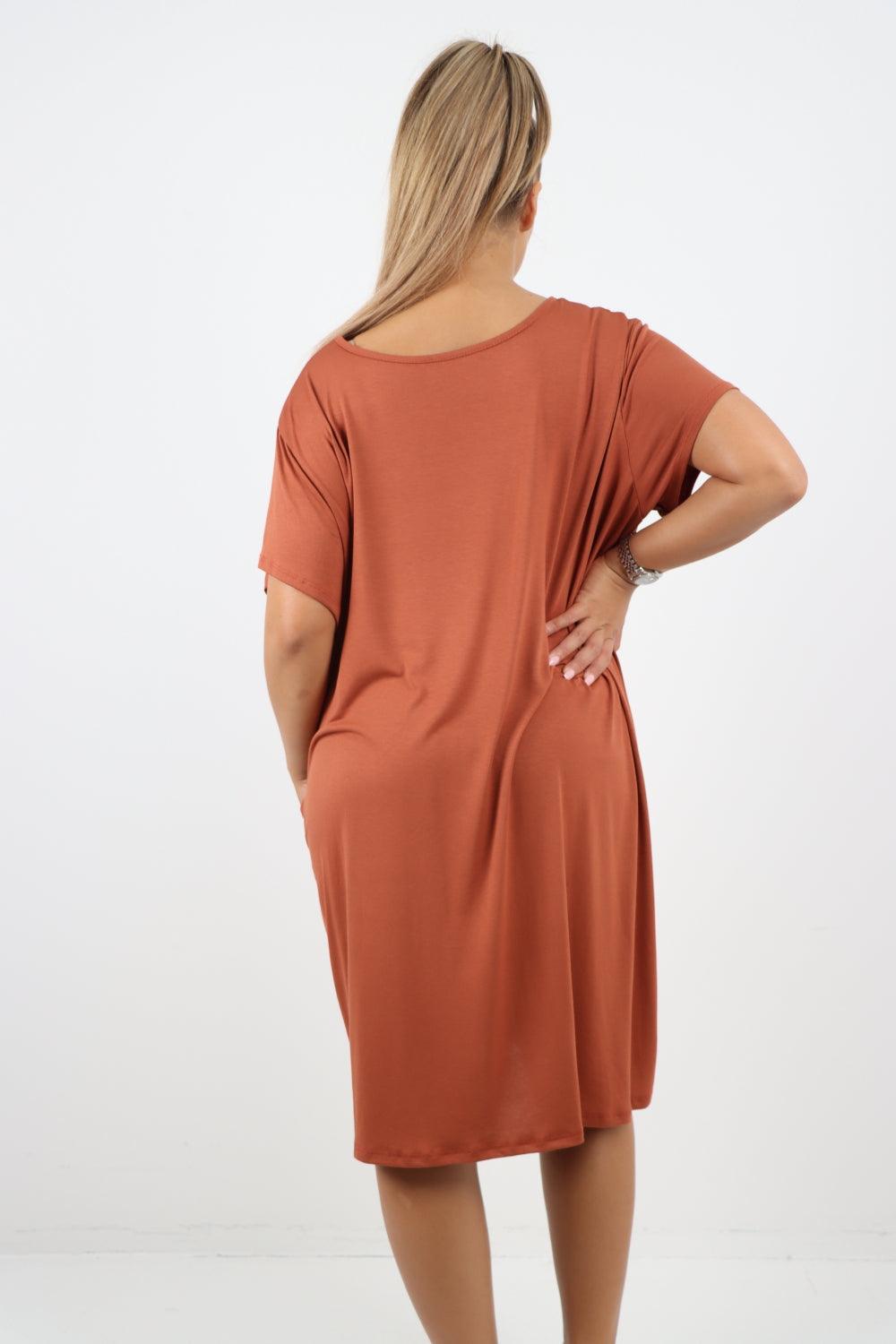 Plain Pockets Round Neck Midi Dress - Lashra Fashion