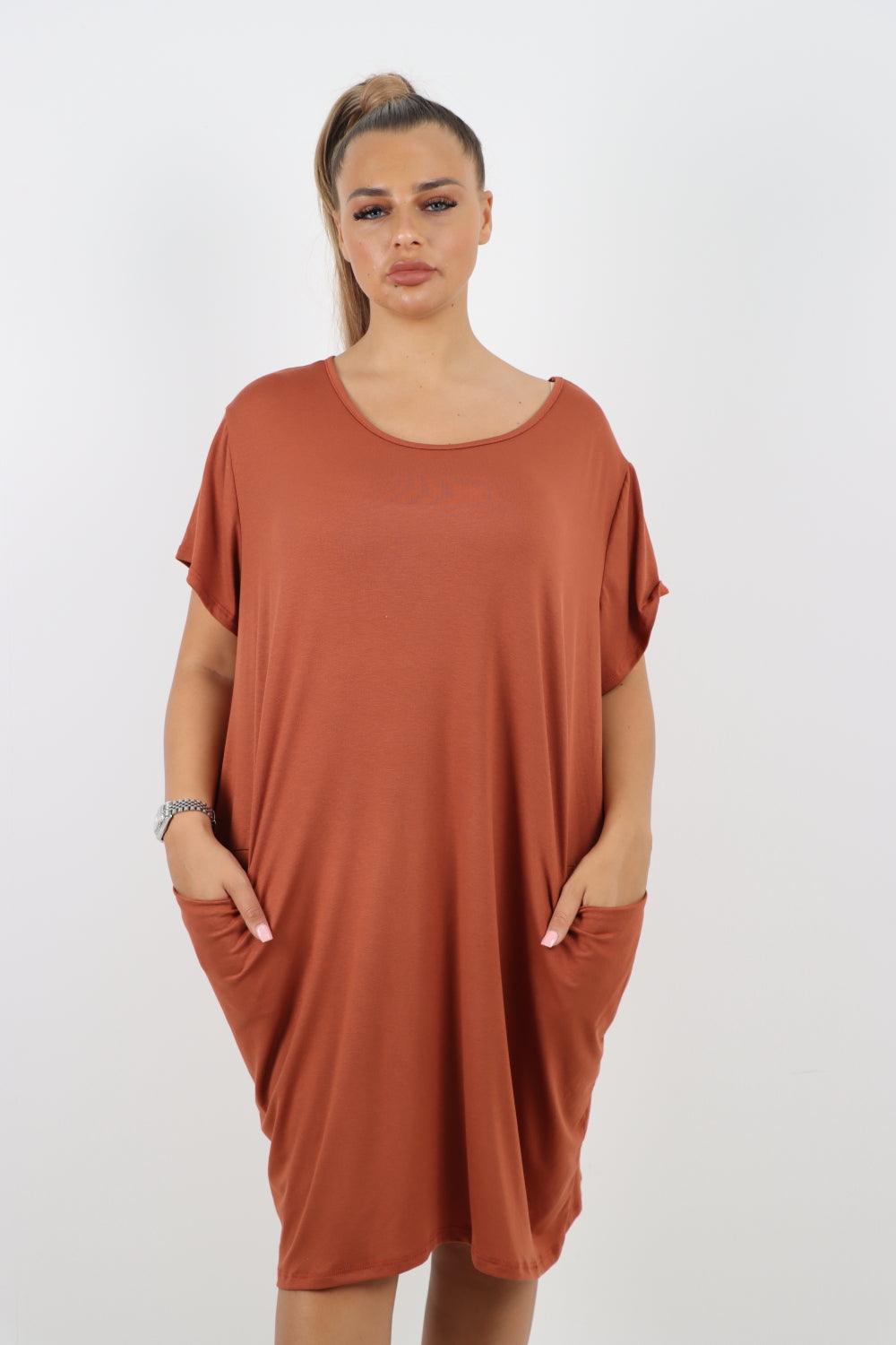 Plain Pockets Round Neck Midi Dress - Lashra Fashion