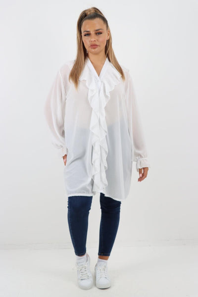 Full Ruffle Front Long Sleeve V Neck Shirt Top - Lashra Fashion