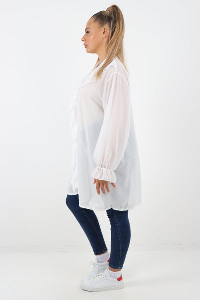 Full Ruffle Front Long Sleeve V Neck Shirt Top - Lashra Fashion