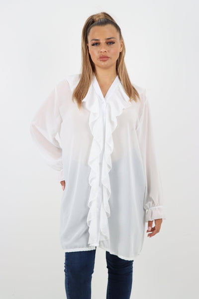 Full Ruffle Front Long Sleeve V Neck Shirt Top - Lashra Fashion