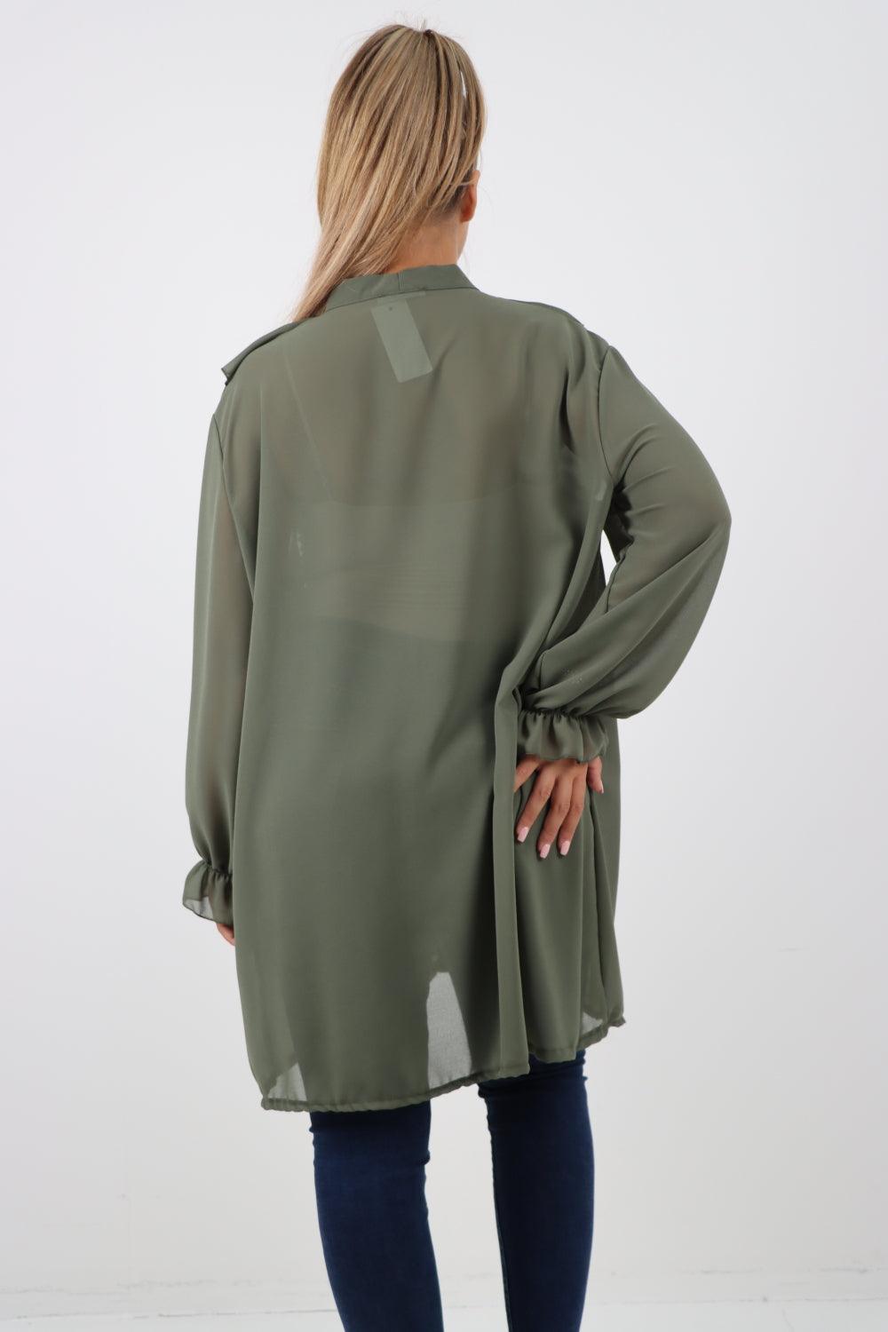 Full Ruffle Front Long Sleeve V Neck Shirt Top - Lashra Fashion