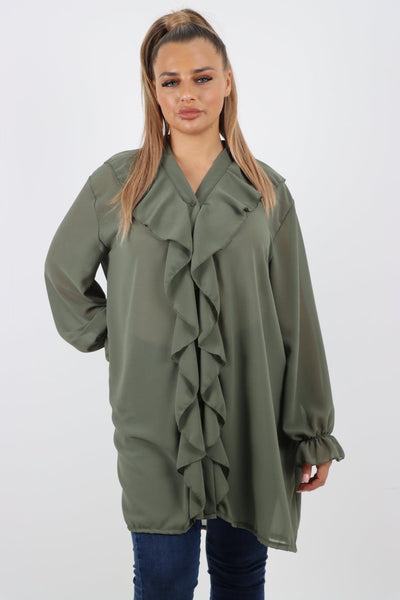 Full Ruffle Front Long Sleeve V Neck Shirt Top - Lashra Fashion