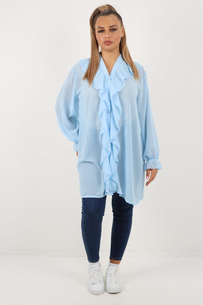 Full Ruffle Front Long Sleeve V Neck Shirt Top - Lashra Fashion