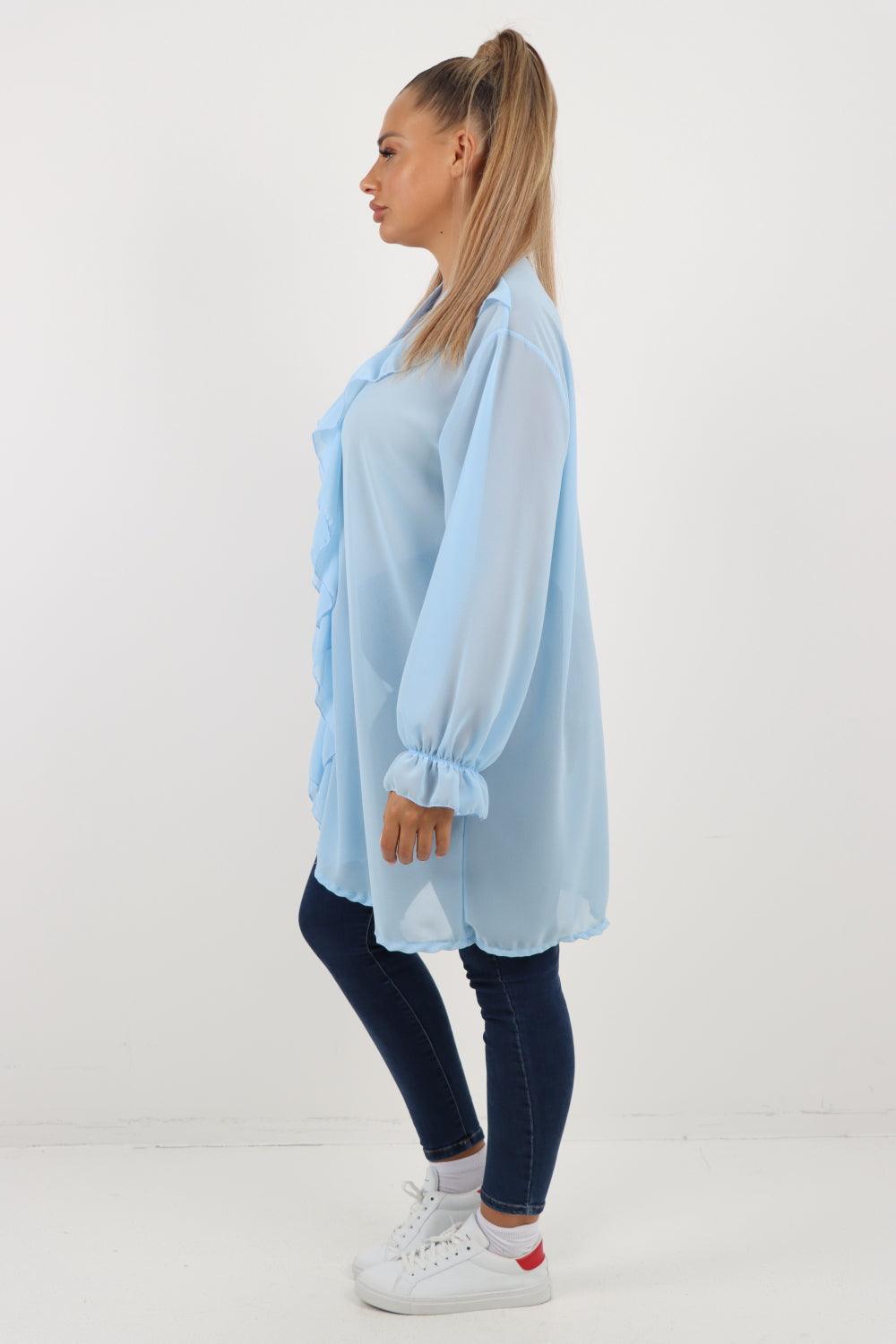 Full Ruffle Front Long Sleeve V Neck Shirt Top - Lashra Fashion