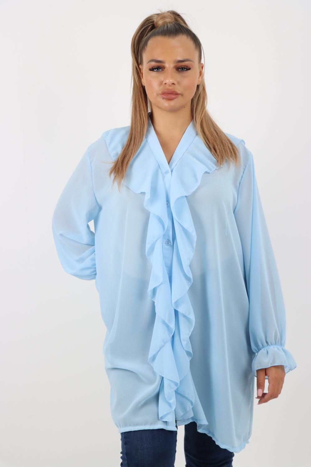 Full Ruffle Front Long Sleeve V Neck Shirt Top - Lashra Fashion