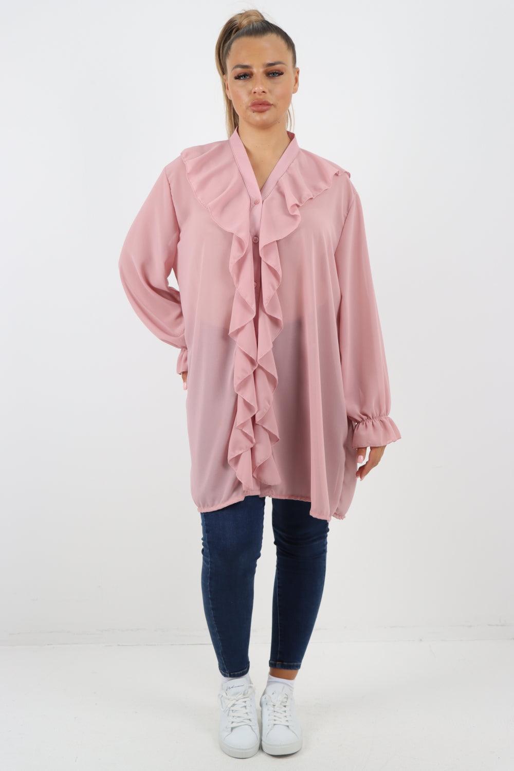 Full Ruffle Front Long Sleeve V Neck Shirt Top - Lashra Fashion