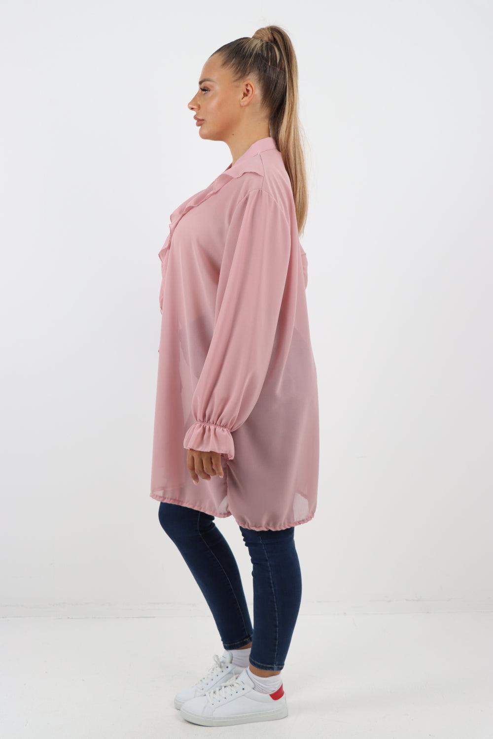 Full Ruffle Front Long Sleeve V Neck Shirt Top - Lashra Fashion