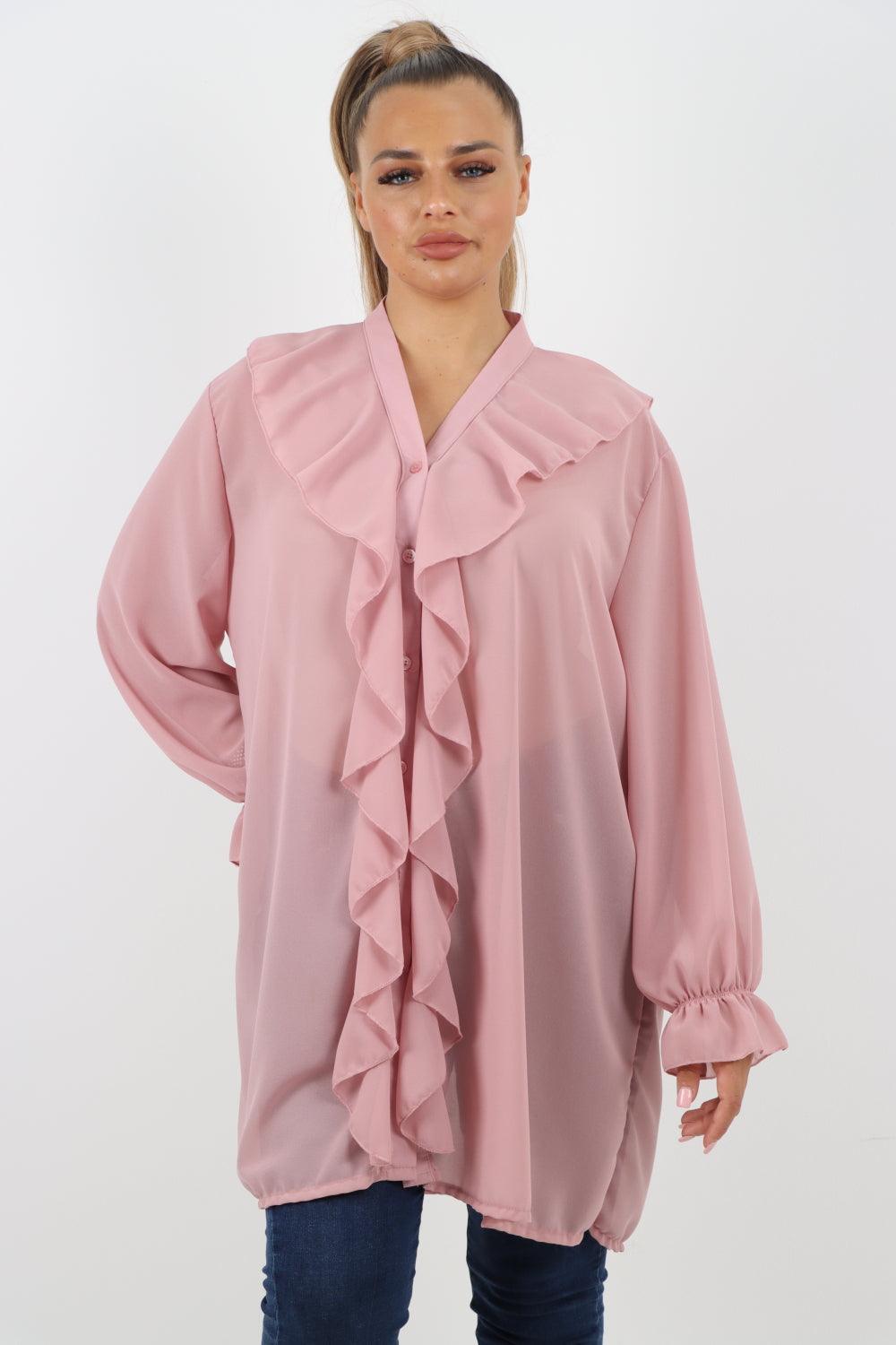 Full Ruffle Front Long Sleeve V Neck Shirt Top - Lashra Fashion