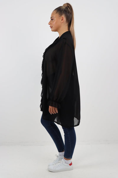 Full Ruffle Front Long Sleeve V Neck Shirt Top - Lashra Fashion