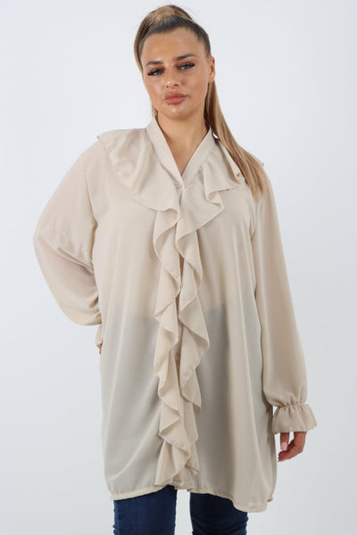 Full Ruffle Front Long Sleeve V Neck Shirt Top - Lashra Fashion