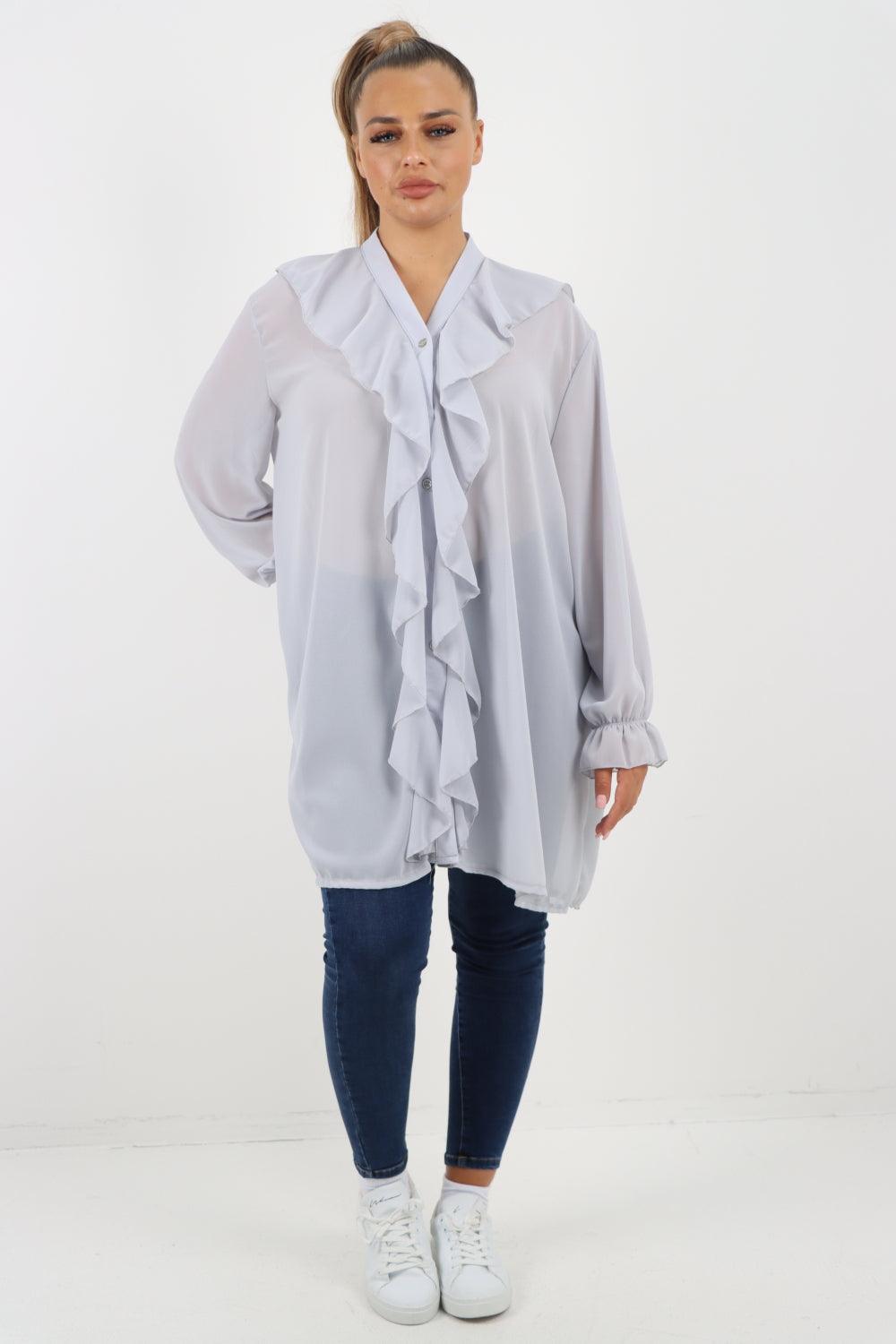 Full Ruffle Front Long Sleeve V Neck Shirt Top - Lashra Fashion