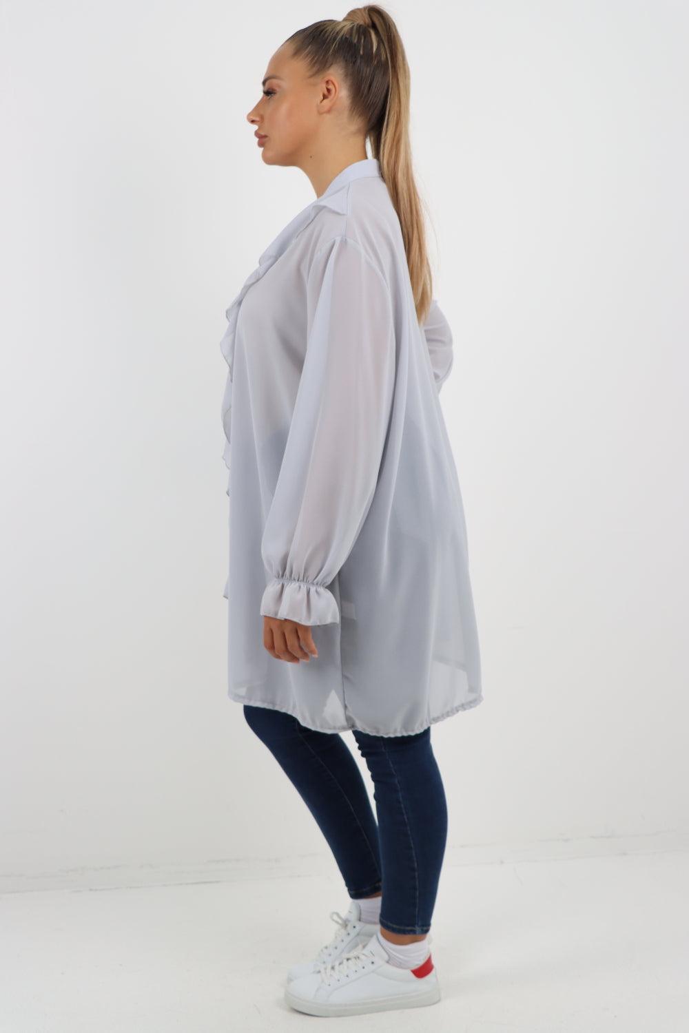 Full Ruffle Front Long Sleeve V Neck Shirt Top - Lashra Fashion